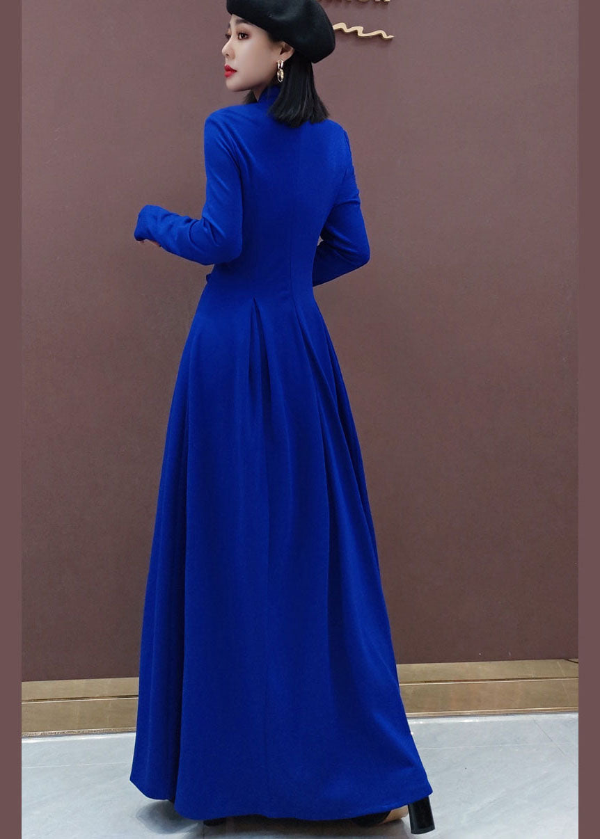 Blue Stand Collar Embroideried Long Dresses Spring