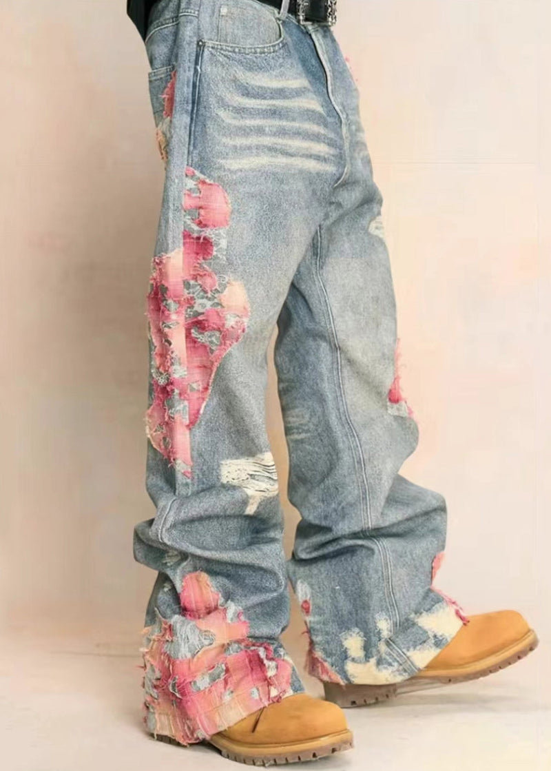 Blue Print Pockets High Waist Denim Pants Fall