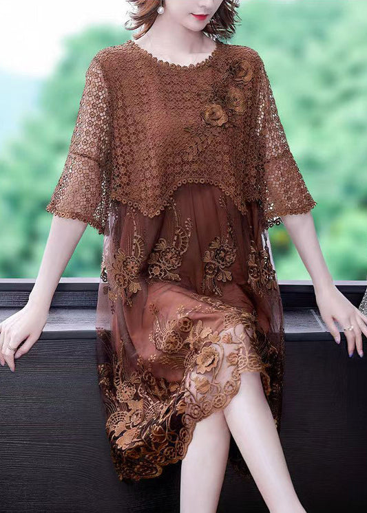 Brown O-neck Embroideried Lace Vacation Dresses Half Sleeve