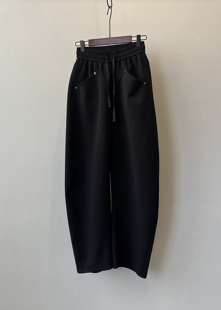 Black Pockets Cotton Pants Drawstring Elastic Waist Fall
