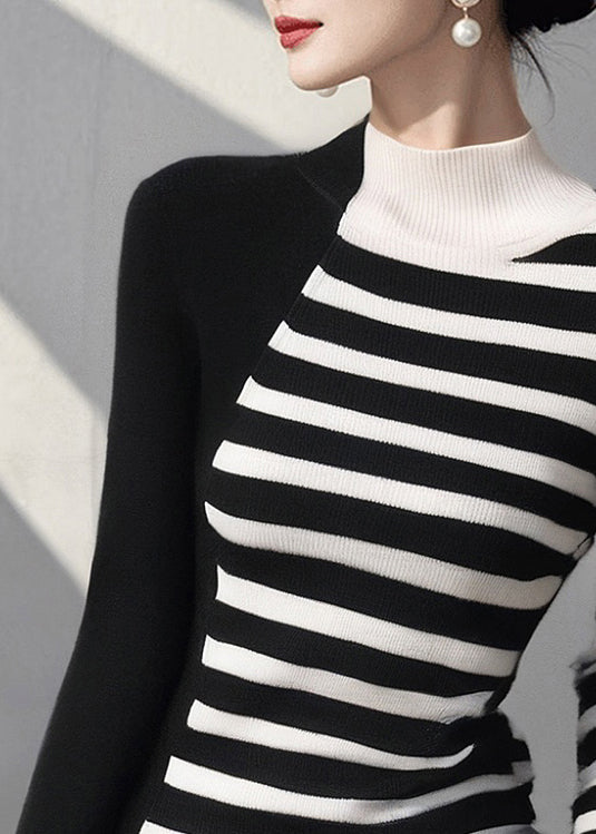 Colorblock Hign Neck Striped Knit Sweaters Spring