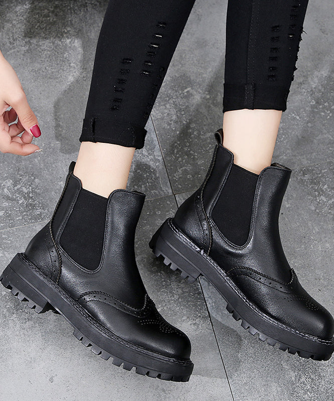 Fitted Black Comfortable Splicing Chunky Boots Black Genuine Leather Ankle Boots