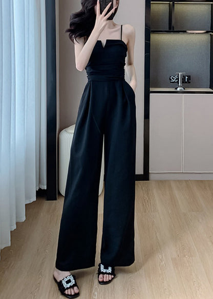 Black Cold Shoulder Silk Sleeveless Jumpsuits Pockets
