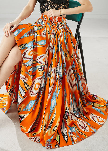Orange Elastic Waist Print Chiffon Skirt Spring