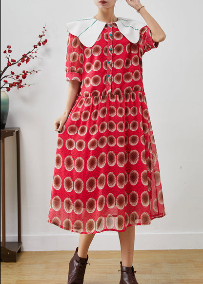 Red Peter Pan Collar Print Chiffon Long Dress Summer