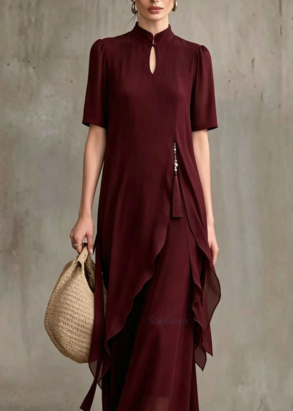 Fine Mulberry Stand Collar Asymmetrical Patchwork Chiffon Dress Summer