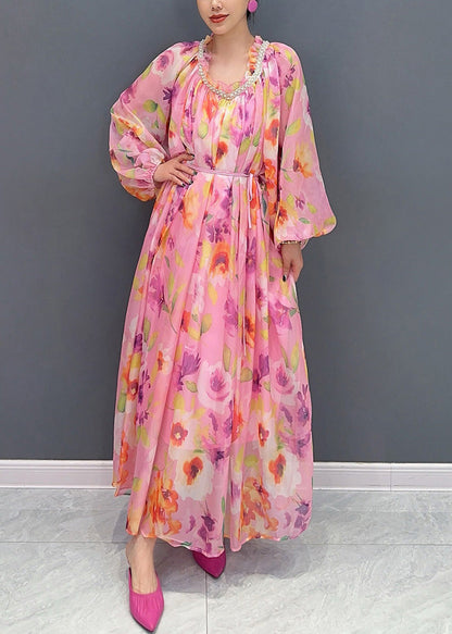 Pink Ruffled Nail Bead Print Chiffon Dresses Long Sleeve