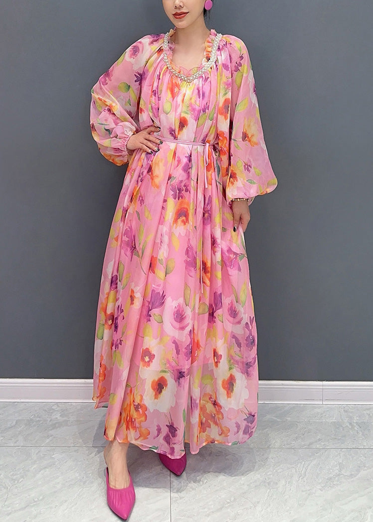 Pink Ruffled Nail Bead Print Chiffon Dresses Long Sleeve