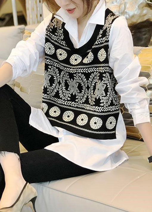 Black Knit Vest and White Shirts Two Pieces Set Fall