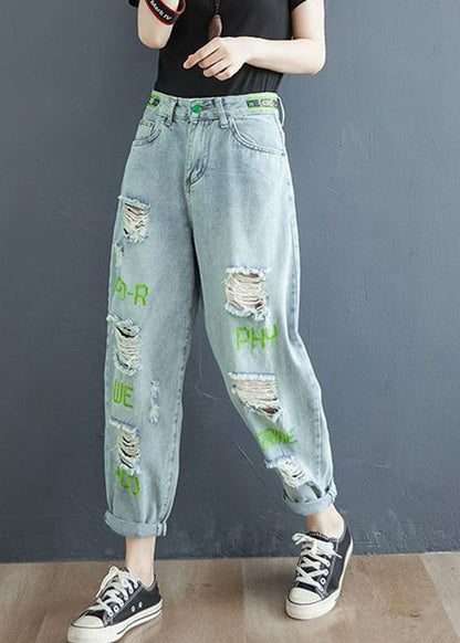 Light Blue Letter Embroideried Pockets Hole Cotton Denim Crop Pants Summer