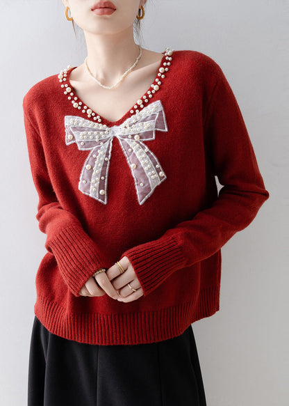 Red Bow Nail Bead Knit Sweaters Winter