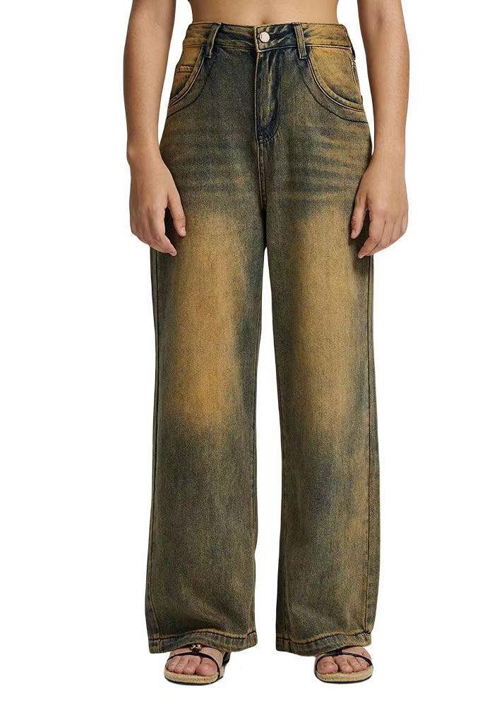 Patchwork High Waist Straight Denim Pants Fall