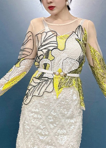 Green O-neck Print Sequins Thin Top Fall