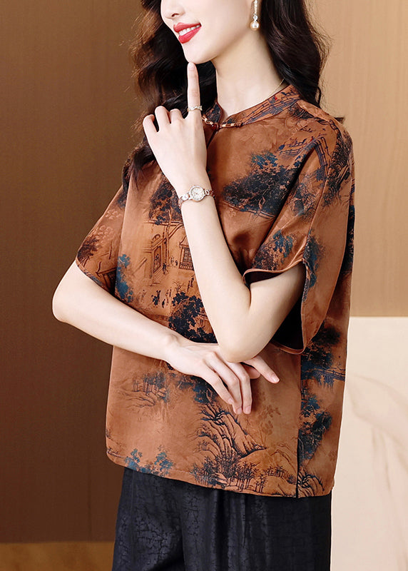 Coffee Stand Collar Print Silk Shirt Tops Summer
