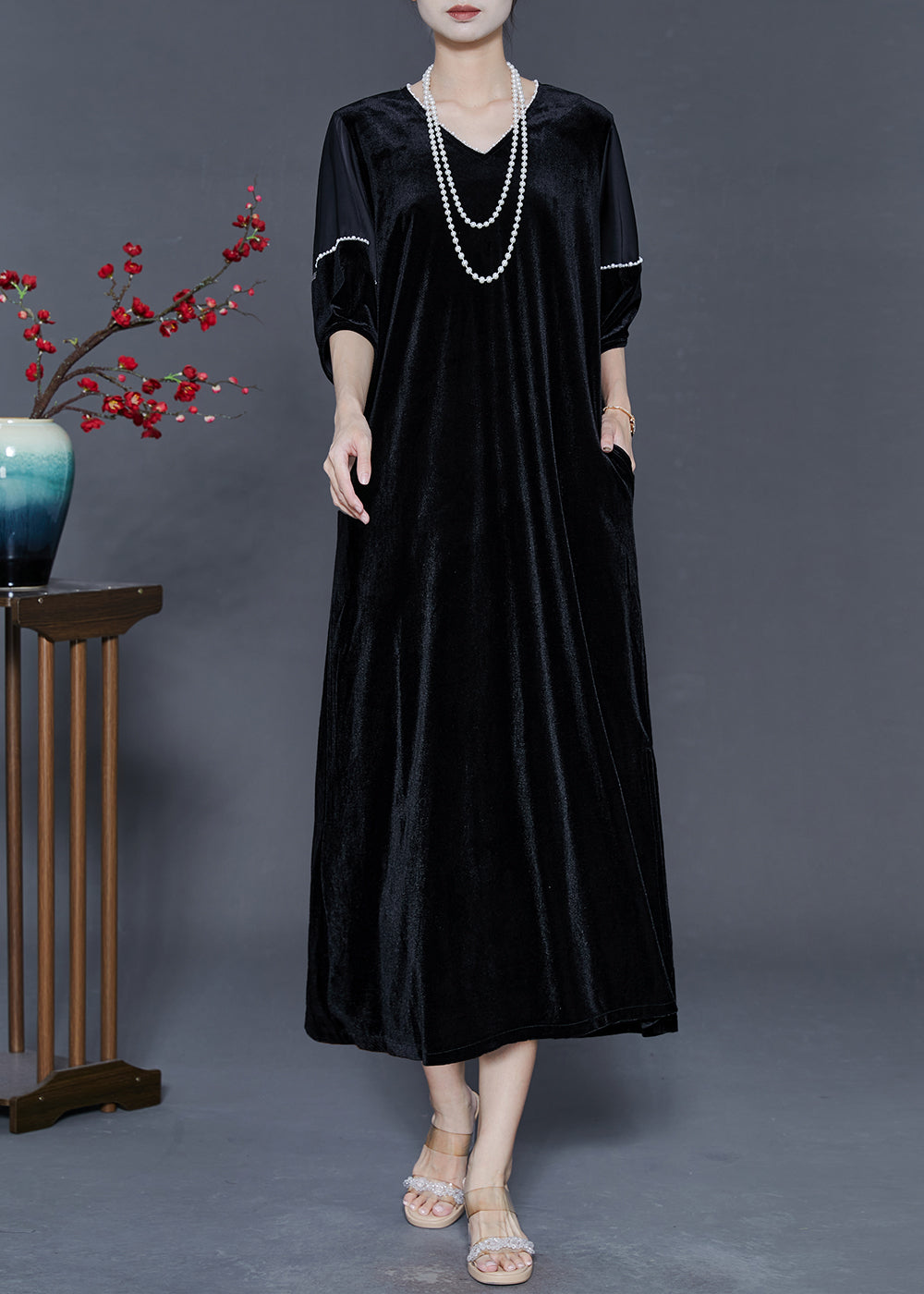 Black Oversized Side Open Silk Velour Party Dress Summer
