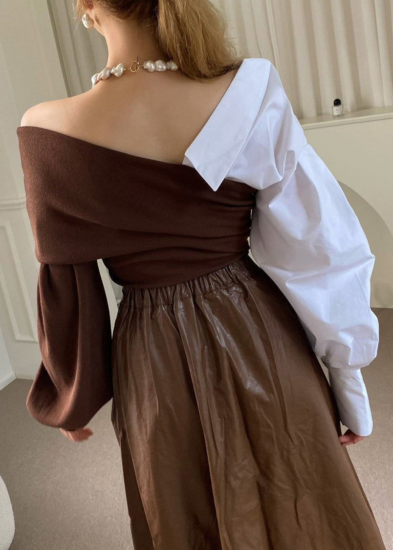 Brown Asymmetrical Patchwork Cotton Knit Top Fall
