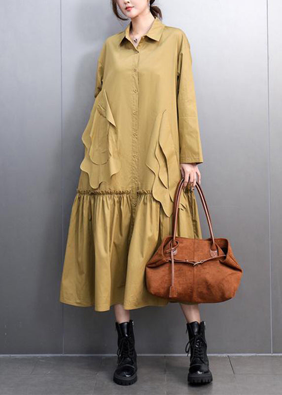 Yellow Peter Pan Collar Pockets Long Shirts Dresses Spring