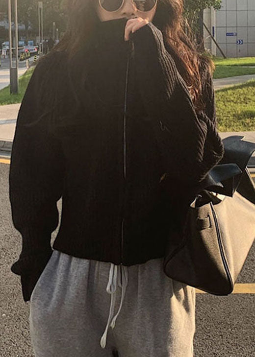 Black Stand Collar Zippered Cozy Fall Knit Coat