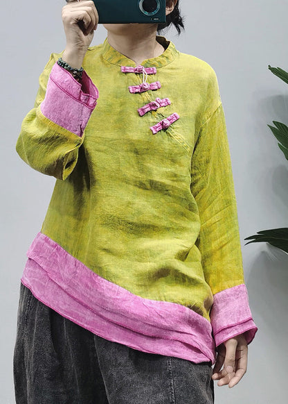 Style Red Stand Collar Asymmetrical Patchwork Linen Shirt Top Long Sleeve