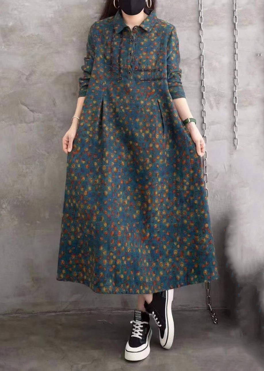 Blue Peter Pan Collar Print Wrinkled Button Long Shirts Dress Spring