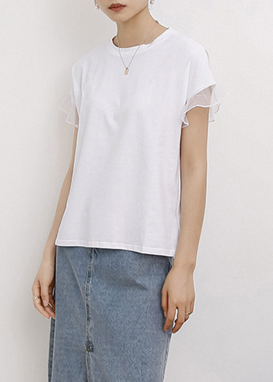 White O-neck Ruffled Cotton T Shirt Short Sleeve