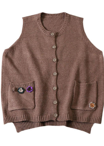 Modern Beige Pockets Button Fall Knit Vest