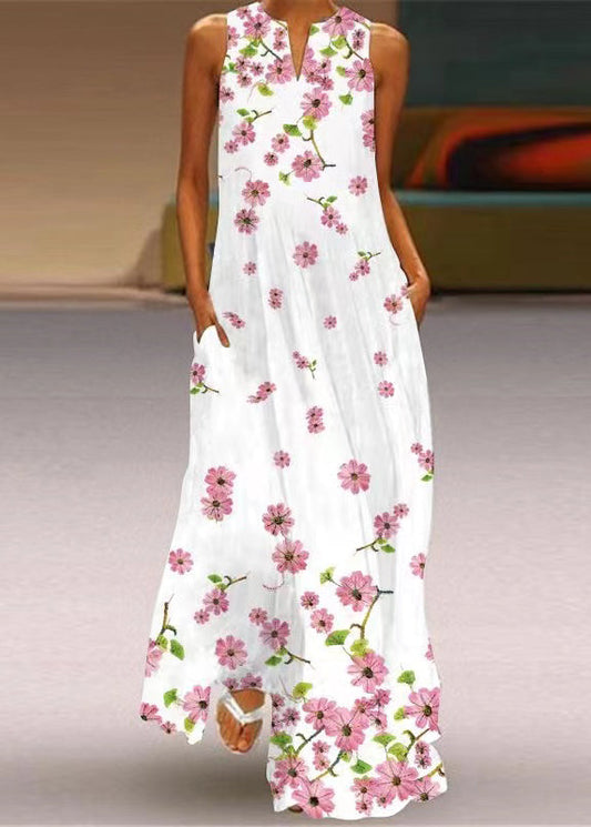 Diy Pink V Neck Print Pockets Long Dress Sleeveless
