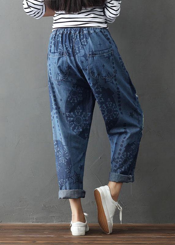 Blue Pockets Print Hole Fall Cotton Pants