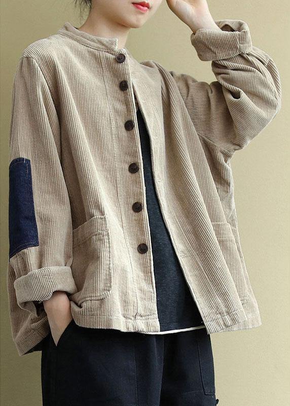 Khaki Button Patchwork Pockets Fall Long Sleeve Top