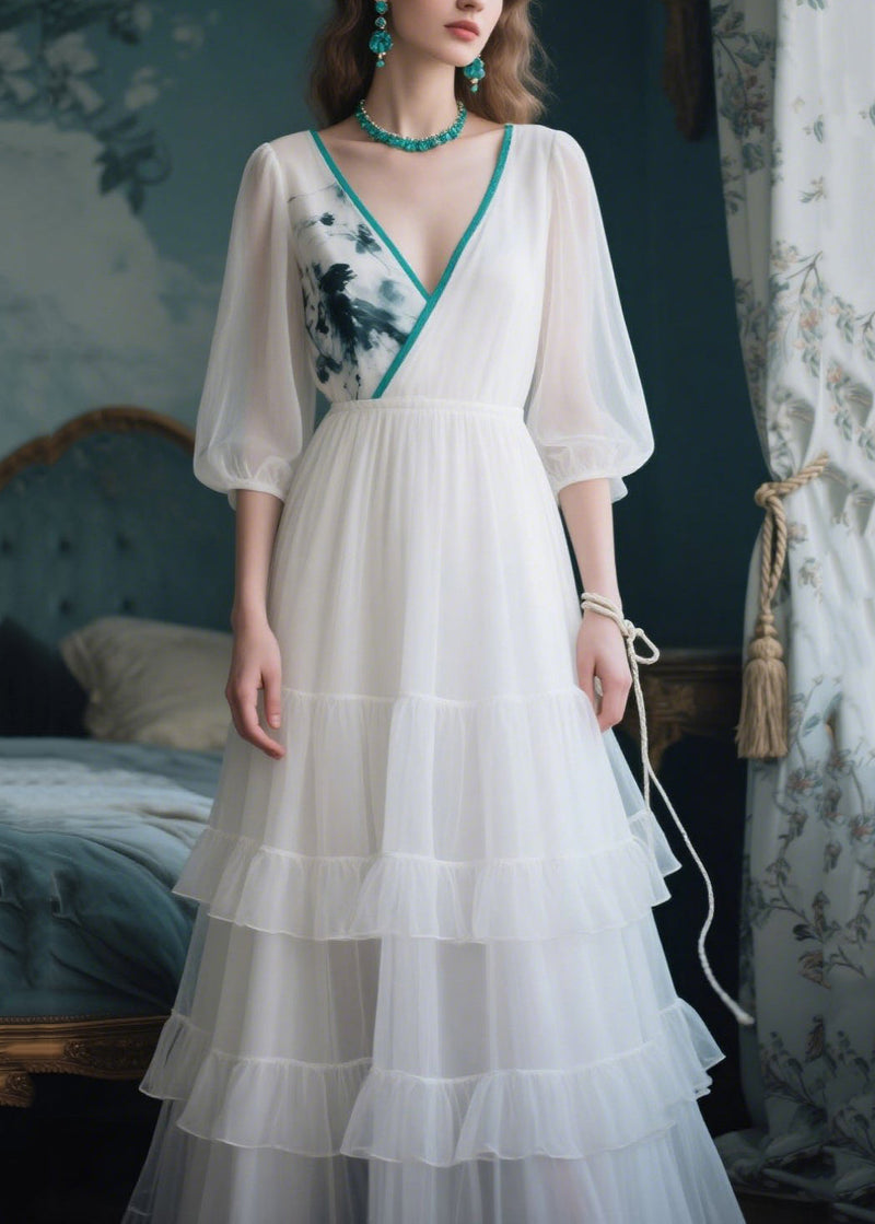 White V Neck Patchwork Tulle Maxi Dress Summer