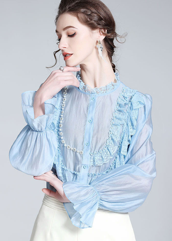 Light Blue Lace Ruffled Nail Bead Patchwork Silk Shirt Spring