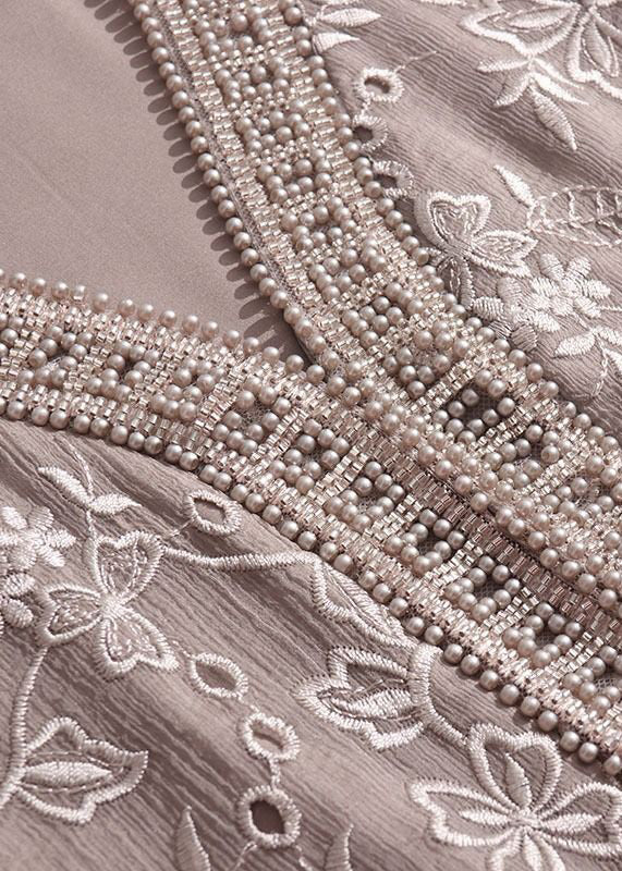 Grey Embroidered Nail Bead Patchwork Silk Dress Half Sleeve