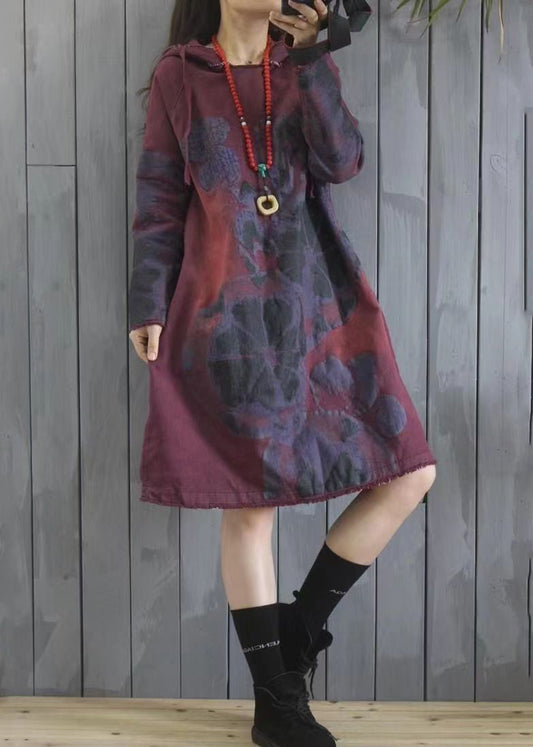 Purple Hooded Print Patchwork Cotton Dress Spring