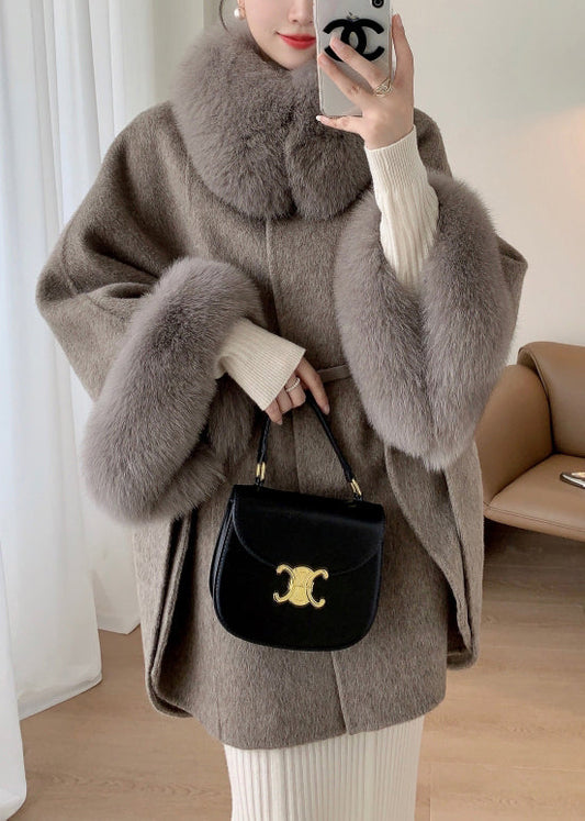 Grey Fox Collar Pockets Leather and Fur Coats Winter