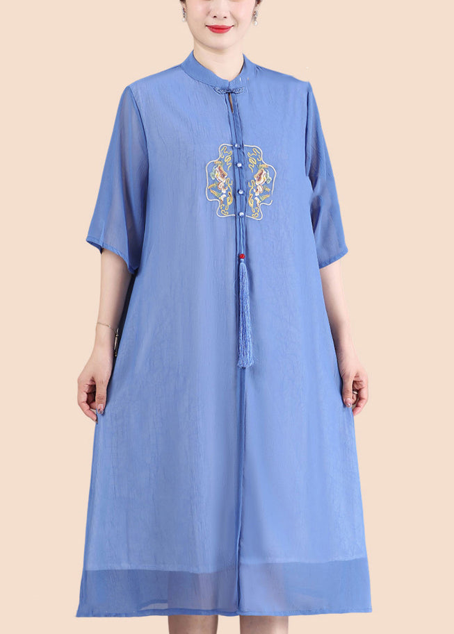 Blue Tasseled Button Patchwork Dresses Summer