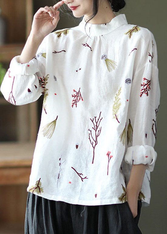 White Linen Stand Collar Shirt Top Long Sleeve