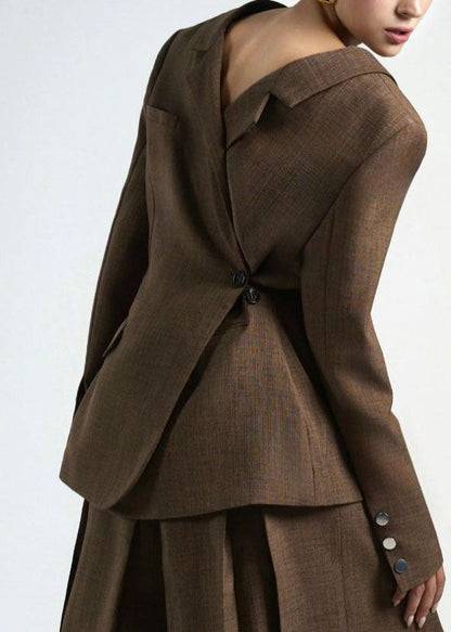 Brown Peter Pan Collar Patchwork Suit Coats Fall
