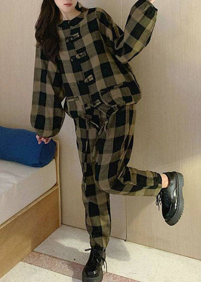 Deep Chocolate Plaid Warm Fleece Two Piece Outfit O-neck Button Spring