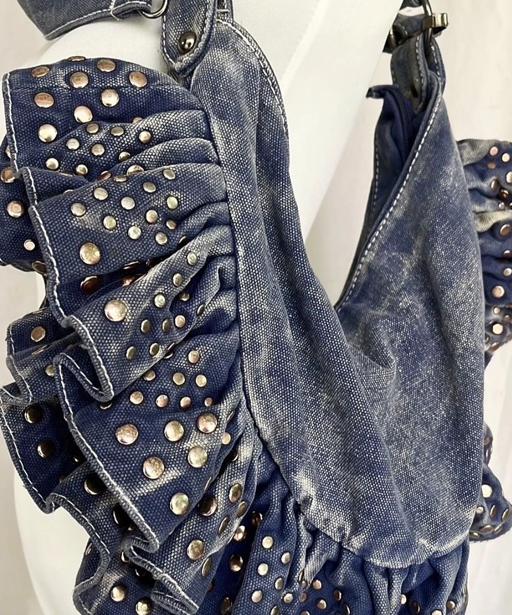 European and American Large Capacity Ruffled Rivet Denim Shoulder Bag