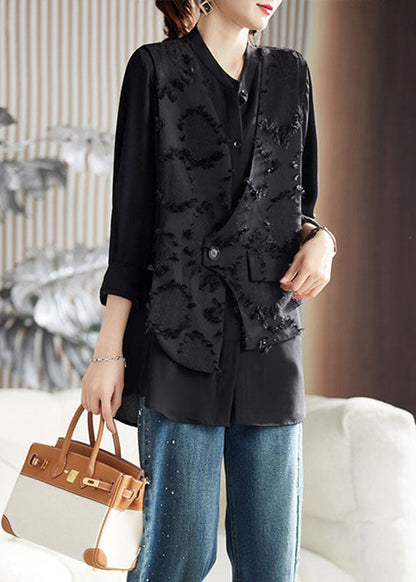 Black O-neck Patchwork Fake Two Pieces Chiffon Top Fall