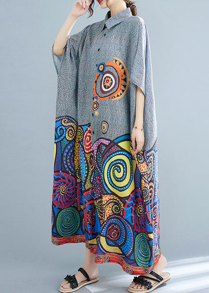 Peter Pan Collar Button Print Holiday Dress Batwing Sleeve