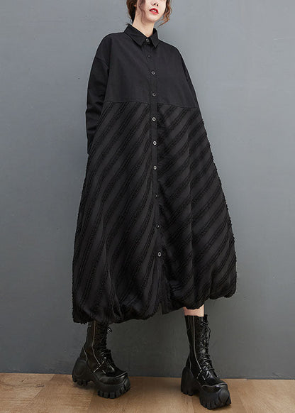 Black Peter Pan Collar Striped Patchwork Button Long Shirts Dresses Long Sleeve