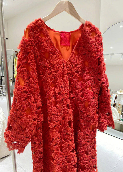 Fitted Red V Neck Hollow Out Dress Long Sleeve