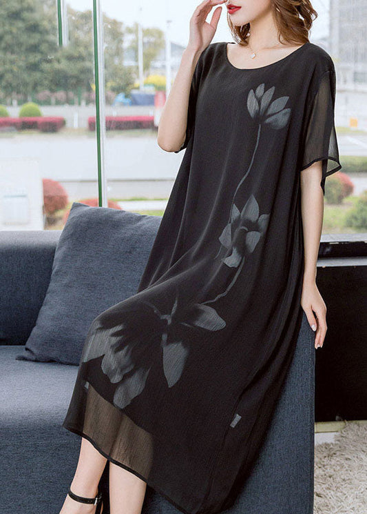 Modern Black O-neck Print Draping Chiffon Dresses Short Sleeve