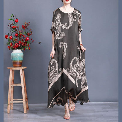 Tea Green Print Loose Silk Dress Summer