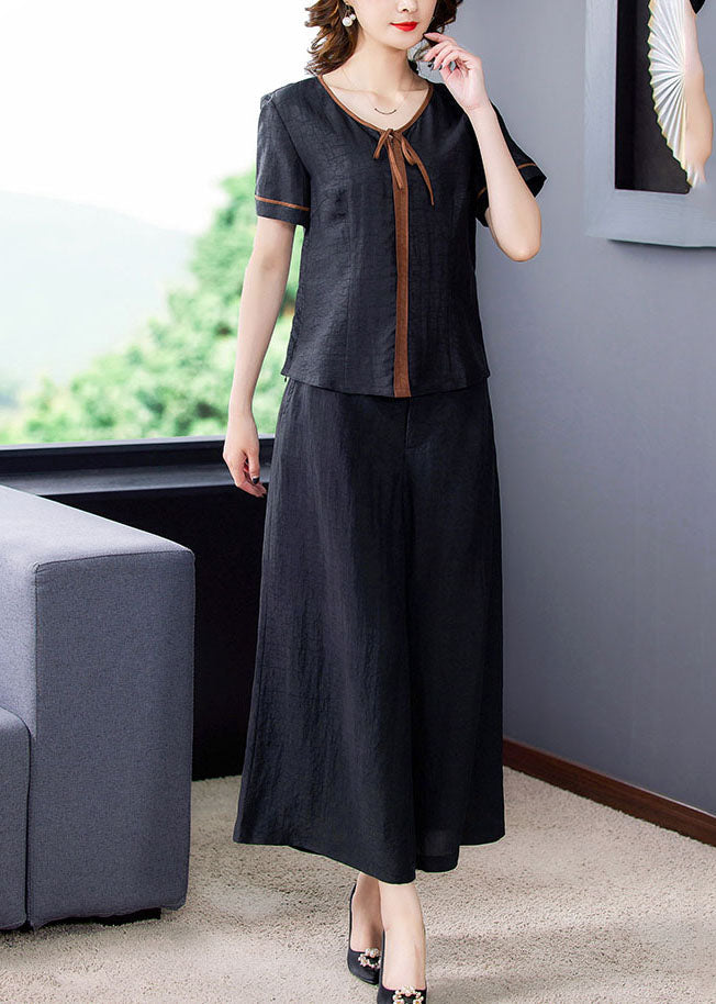 Fitted Black V Neck Patchwork Silk Two Pieces Set Summer