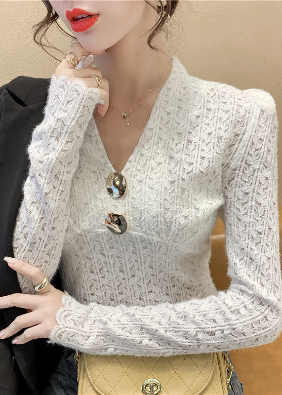 White Sequins V Neck Lace Tops Spring