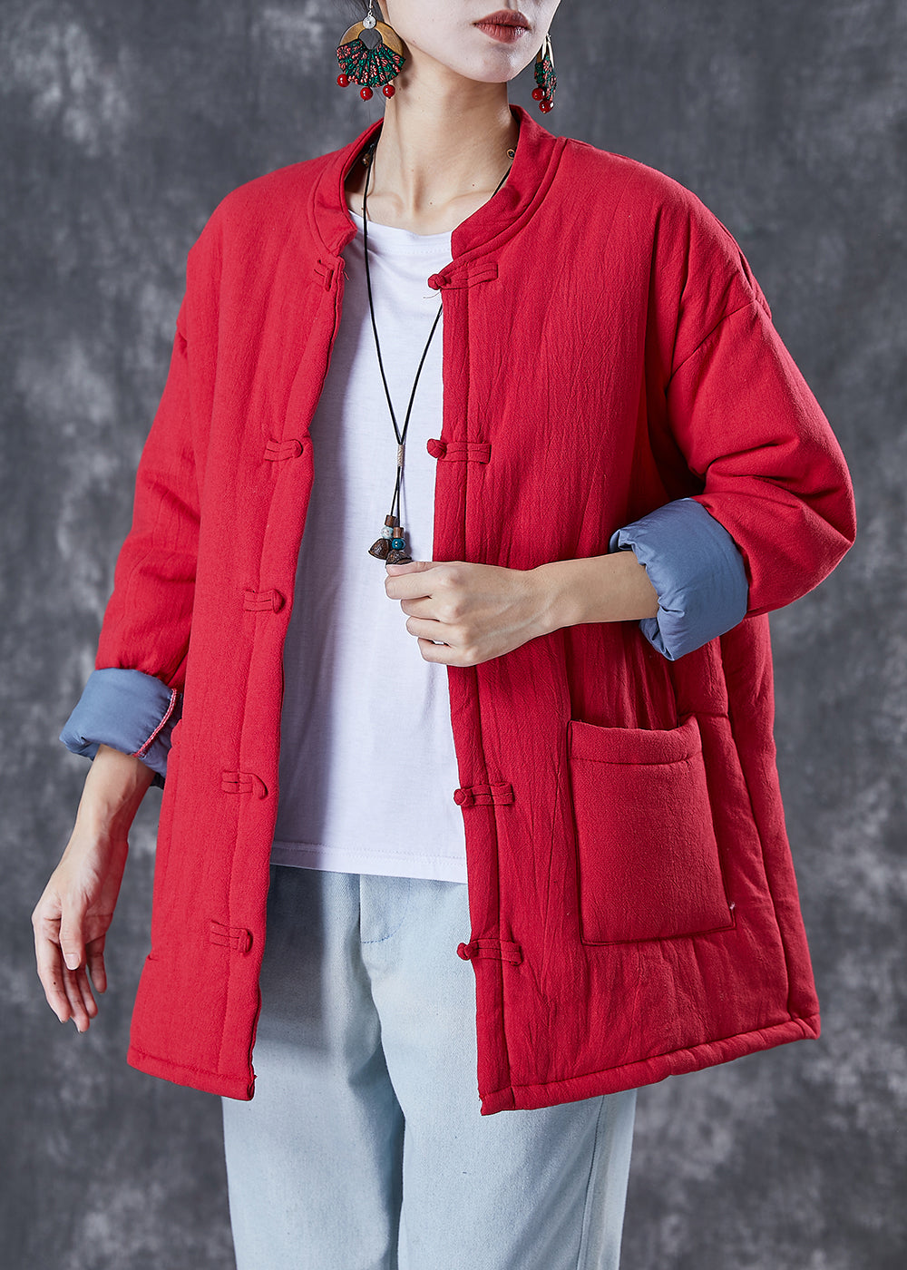 Red Warm Fine Cotton Filled Jacket Chinese Style in Winter