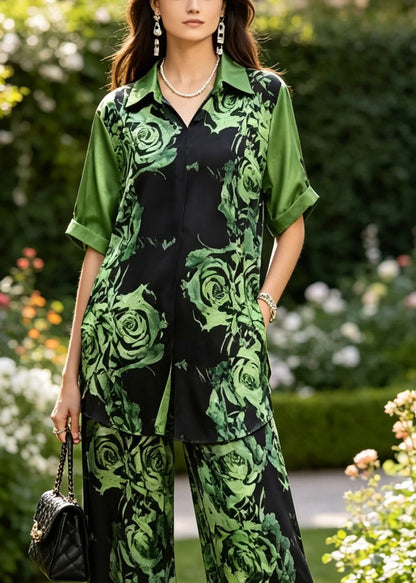 Modern Green Peter Pan Collar Print Silk Shirts and Wide Leg Pants Two Pieces Set Summer