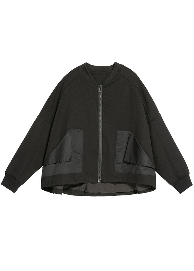 Style Black Zippered Pockets Patchwork Fall Coat Long Sleeve